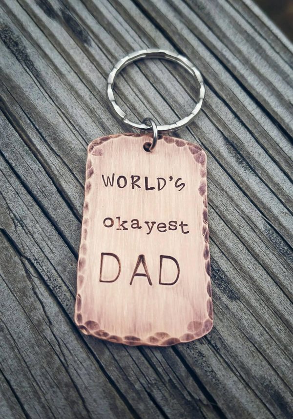 World s Okayest Dad Keychain - Copper Dog Tag Keychain - Personalize it! - Dad Gift - Funny Dad Birthday Gift - Rustic Hand stamped Sale