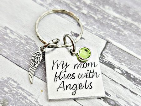 Personalized  My Mom flies with angels   My Dad flies with angels  Memorial hand stamped swarovski crystal birthstone necklace or keychain Hot on Sale