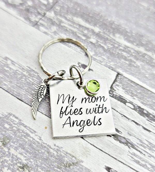 Personalized  My Mom flies with angels   My Dad flies with angels  Memorial hand stamped swarovski crystal birthstone necklace or keychain Hot on Sale