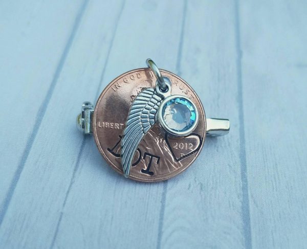 Something Blue Memorial Pin - Penny Pin - Bouquet Charm - Pennies from Heaven Pin - Custom Hand Stamped Penny - Blue Crystal - In memory of Hot on Sale