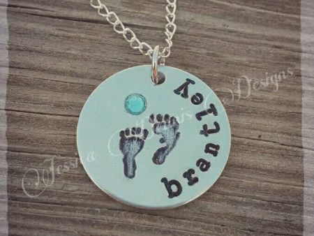 SALE - Personalized Hand Stamped Baby Feet Necklace - You choose Name and Birthstone or crystal color - New Mom Mother s Day Gift - New Baby Fashion