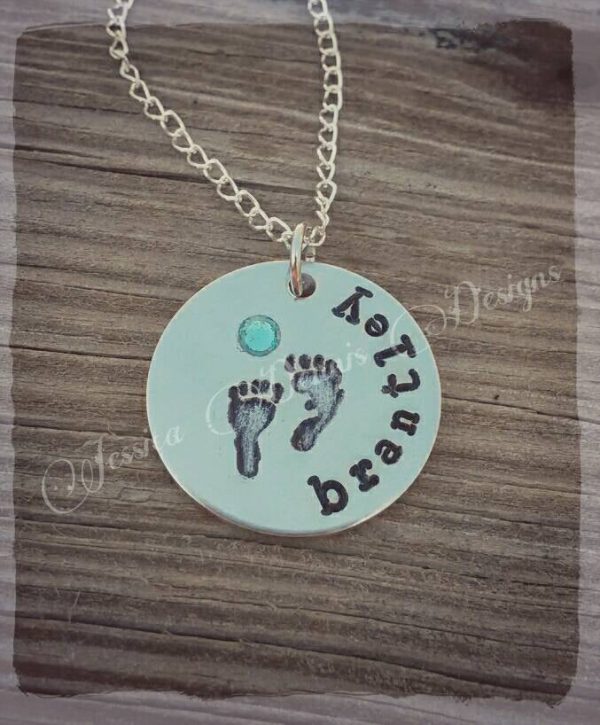 SALE - Personalized Hand Stamped Baby Feet Necklace - You choose Name and Birthstone or crystal color - New Mom Mother s Day Gift - New Baby Fashion