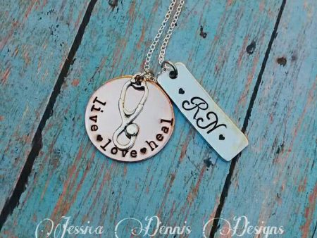 RN Nurse CNA Medical field mixed Metal * Copper * Aluminum * Live Love Heal hand stamped necklace stethoscope charm Hot on Sale